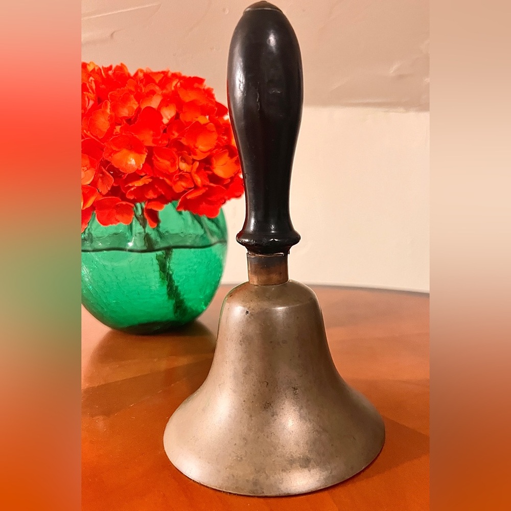 Collectible Vintage School Bell, Brass, Wooden Handle, Antique Classroom Decor